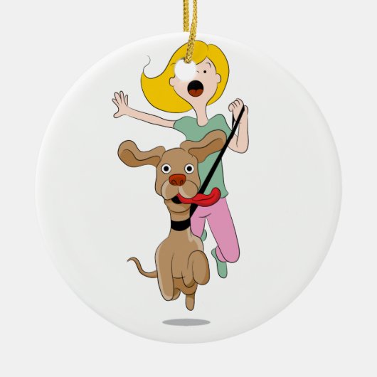 Dog Pulling Woman Cartoon Keramisch Ornament (Voorkant)