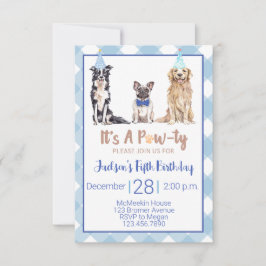 Dog Puppy Birthday Party Invitation Blue Gingham Kaart