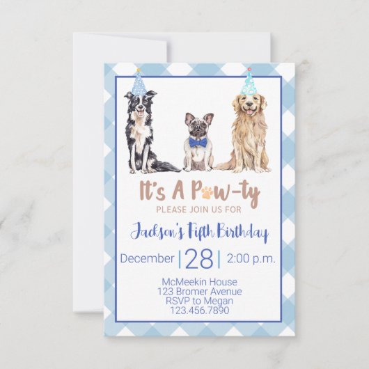 Dog Puppy Birthday Party Invitation Blue Gingham Kaart (Voorkant)