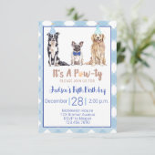 Dog Puppy Birthday Party Invitation Blue Gingham Kaart (Staand voorkant)