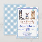 Dog Puppy Birthday Party Invitation Blue Gingham Kaart (Voorkant / Achterkant)