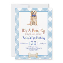 Dog Puppy Birthday Party Invitation Blue Gingham
