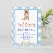 Dog Puppy Birthday Party Invitation Blue Gingham Kaart (Staand voorkant)