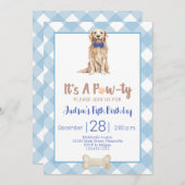 Dog Puppy Birthday Party Invitation Blue Gingham Kaart (Voorkant / Achterkant)