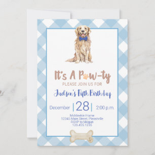 Dog Puppy Birthday Party Invitation Blue Gingham Kaart