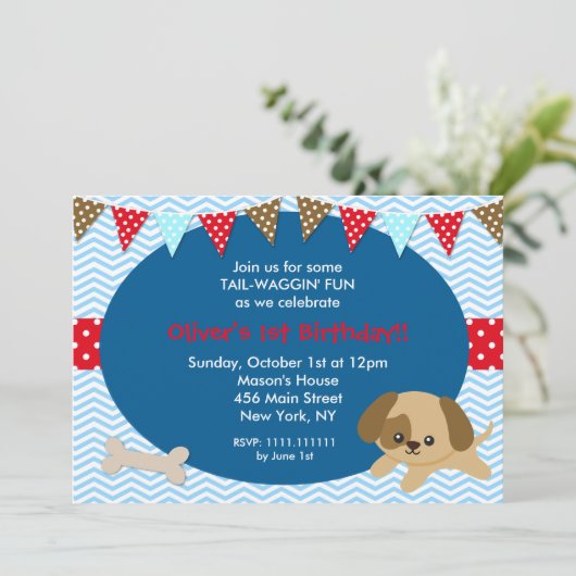Dog Puppy Birthday Party Invitations Kaart (Staand voorkant)