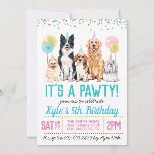 Dog Puppy Paw-ty Birthday Invitation Kaart (Voorkant)