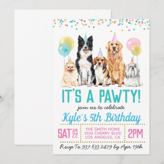 Dog Puppy Paw-ty Birthday Invitation Kaart (Voorkant / Achterkant)
