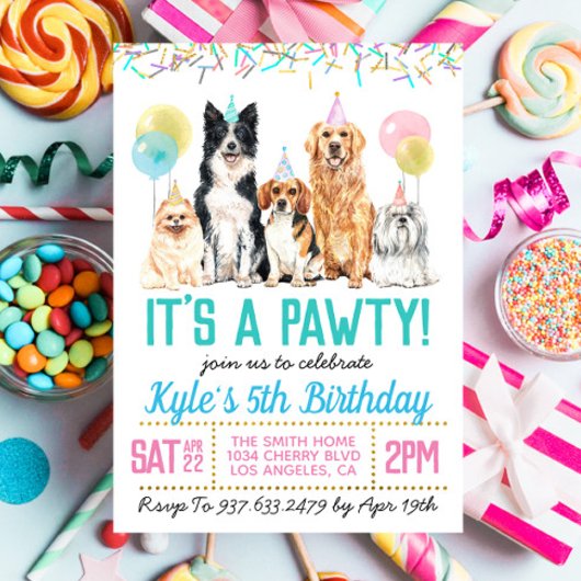 Dog Puppy Paw-ty Birthday Invitation Kaart