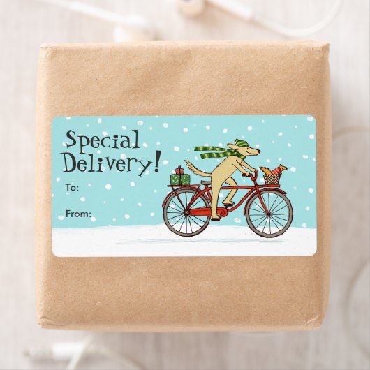 Dog Riding Bicycle met Squirrel Holiday Gift Label (Insitu)
