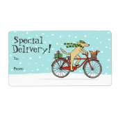 Dog Riding Bicycle met Squirrel Holiday Gift Label (Voorkant)