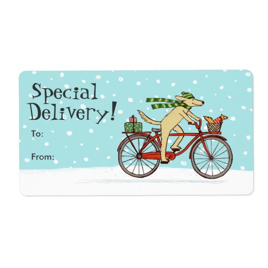 Dog Riding Bicycle met Squirrel Holiday Gift Label (Voorkant)