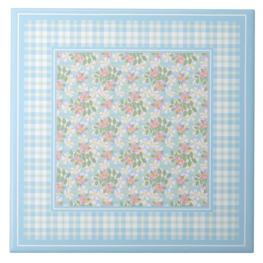 Dog Roos Flowers en Blue Checks Ceramic Tegel Tegeltje (Voorkant)