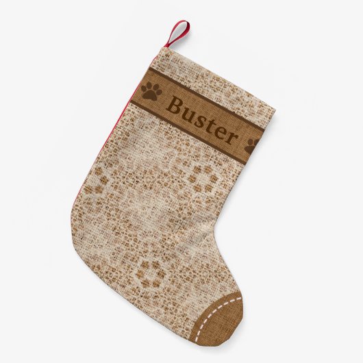 Dog Rustic Burlap & Lace Snowflake Gepersonaliseer Kleine Kerstsok (Voorkant (Hangend))