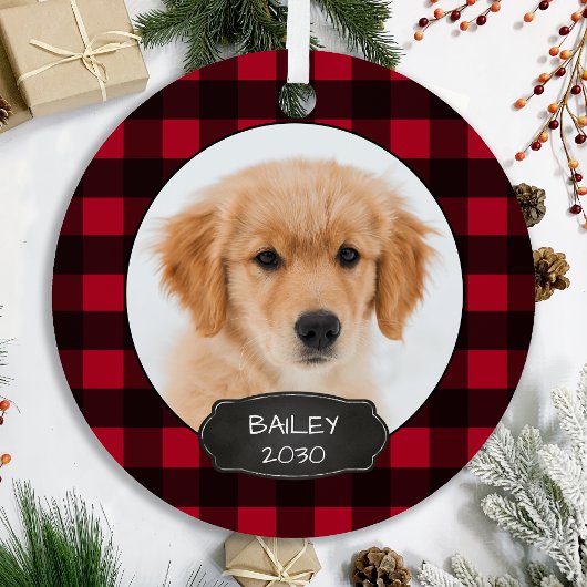 Dog Rustic Red Pset met kerstfoto's Metalen Ornament