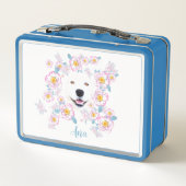 Dog Samoyed en roze bloemen, aangepaste naam (Achterkant)