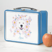 Dog Samoyed en roze bloemen, aangepaste naam (In situ)