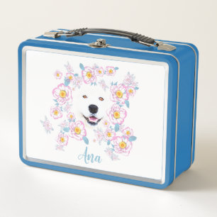 Dog Samoyed en roze bloemen, aangepaste naam