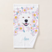 Dog Samoyed en roze bloemen, aangepaste naam Bad Handdoek (Handdoek)