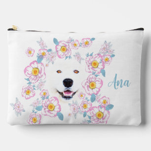 Dog Samoyed en roze bloemen, aangepaste naam Etui