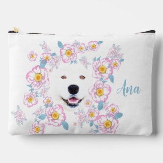 Dog Samoyed en roze bloemen, aangepaste naam Etui