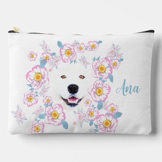 Dog Samoyed en roze bloemen, aangepaste naam Etui (Voorkant)