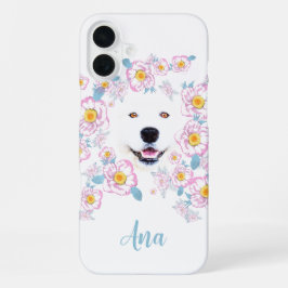 Dog Samoyed en roze bloemen, aangepaste naam iPhone 16 Plus Hoesje
