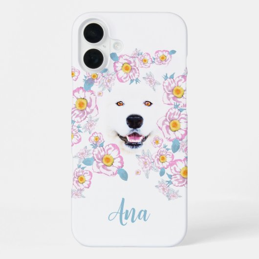 Dog Samoyed en roze bloemen, aangepaste naam iPhone Hoesje (Achterkant)