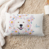 Dog Samoyed en roze bloemen, aangepaste naam Kussen (Deken)