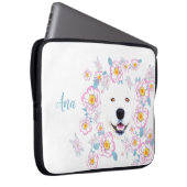 Dog Samoyed en roze bloemen, aangepaste naam Laptop Sleeve (Voorkant Rechts)