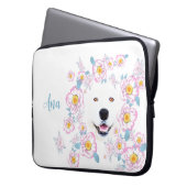 Dog Samoyed en roze bloemen, aangepaste naam Laptop Sleeve (Voorkant Links)