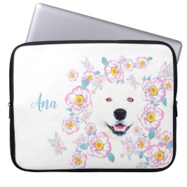 Dog Samoyed en roze bloemen, aangepaste naam Laptop Sleeve