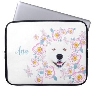 Dog Samoyed en roze bloemen, aangepaste naam Laptop Sleeve