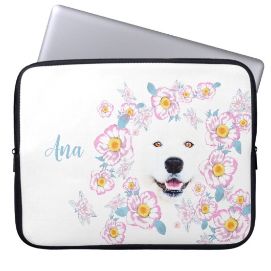 Dog Samoyed en roze bloemen, aangepaste naam Laptop Sleeve (Voorkant)