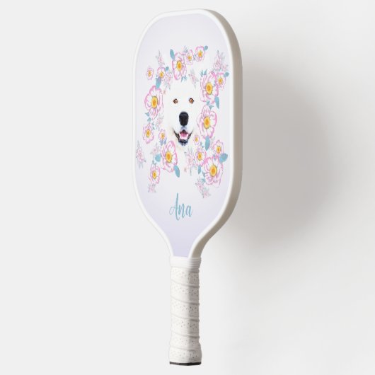 Dog Samoyed en roze bloemen, aangepaste naam Pickleball Paddle (Links)