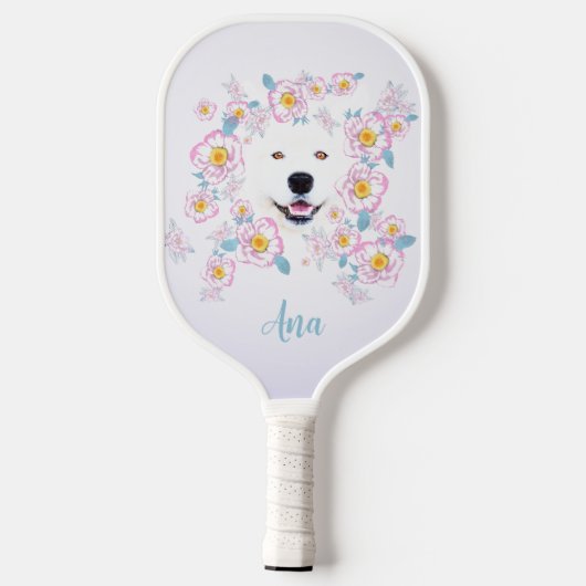 Dog Samoyed en roze bloemen, aangepaste naam Pickleball Paddle (Achterkant)