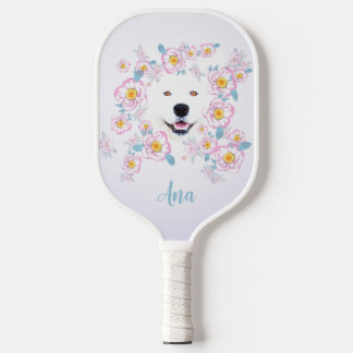 Dog Samoyed en roze bloemen, aangepaste naam Pickleball Paddle