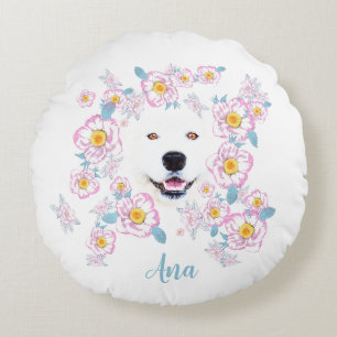 Dog Samoyed en roze bloemen, aangepaste naam Rond Kussen