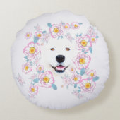 Dog Samoyed en roze bloemen, aangepaste naam Rond Kussen (Achterkant)