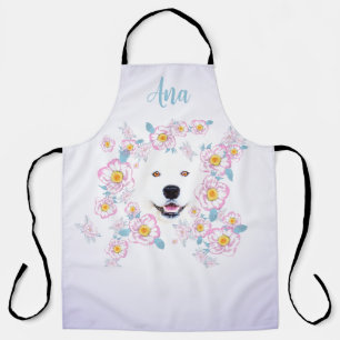 Dog Samoyed en roze bloemen, aangepaste naam Schort