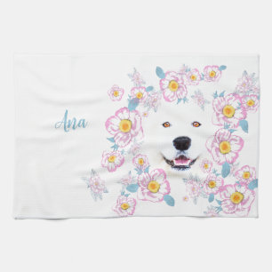 Dog Samoyed en roze bloemen, aangepaste naam Theedoek