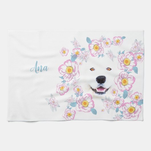 Dog Samoyed en roze bloemen, aangepaste naam Theedoek (Horizontaal)