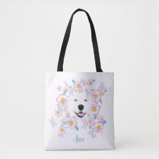 Dog Samoyed en roze bloemen, aangepaste naam Tote Bag