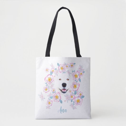 Dog Samoyed en roze bloemen, aangepaste naam Tote Bag (Voorkant)