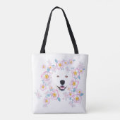 Dog Samoyed en roze bloemen, aangepaste naam Tote Bag (Achterkant)