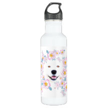 Dog Samoyed en roze bloemen, aangepaste naam