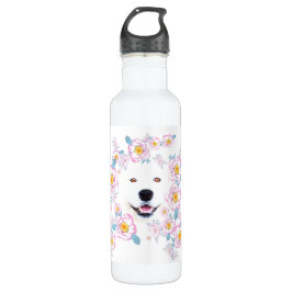Dog Samoyed en roze bloemen, aangepaste naam Waterfles