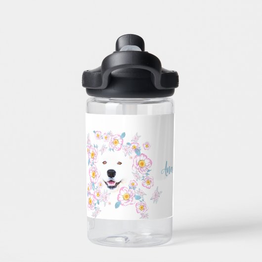 Dog Samoyed en roze bloemen, aangepaste naam Waterfles (Achterkant)