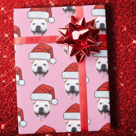 Dog Santa Hat | Aangepaste Gezichtsfoto Roze Kerst Cadeaupapier