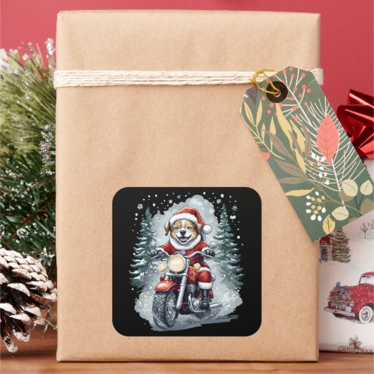 Dog Santa Motorcycle Black Background Vierkante Sticker (Feestdagen)